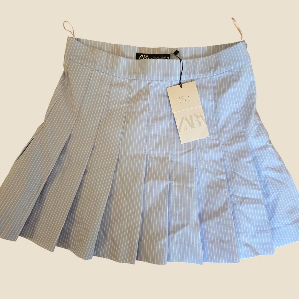 Zara Light Blue White Pinstripe Pleated Mini Skirt NWT Size S 2663/707